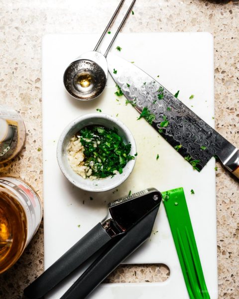 Oven roasted steak with Japanese chimichurri, roasted bone marrow, and jammy eggs