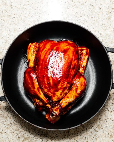 This 6 ingredient sheet pan dinner is your next weeknight rockstar: slightly spicy, slightly sweet Korean inspired chicken with creamy crispy roast potatoes #roastchicken #chicken #recipes #recipe #dinner #easy