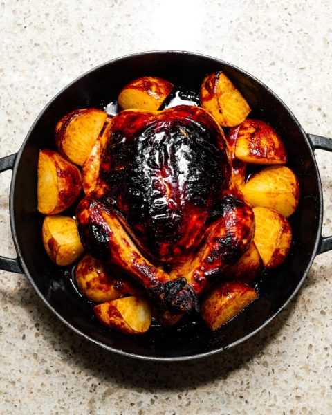 This 6 ingredient sheet pan dinner is your next weeknight rockstar: slightly spicy, slightly sweet Korean inspired chicken with creamy crispy roast potatoes #roastchicken #chicken #recipes #recipe #dinner #easy