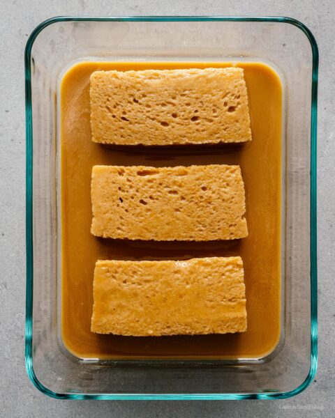 This Japanese tamagoyaki-inspired french toast is soft and custardy on the inside and crisp on the outside. The perfect combination of sweet and savory! | www.iamafoodblog.com