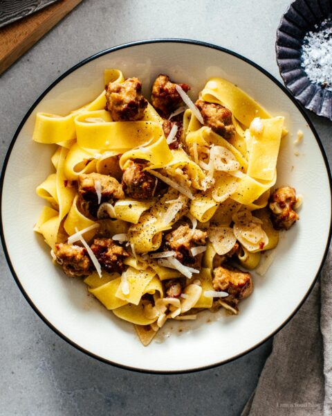 Garlic Parmesan Pasta with Sausage | www.iamafoodblog.com