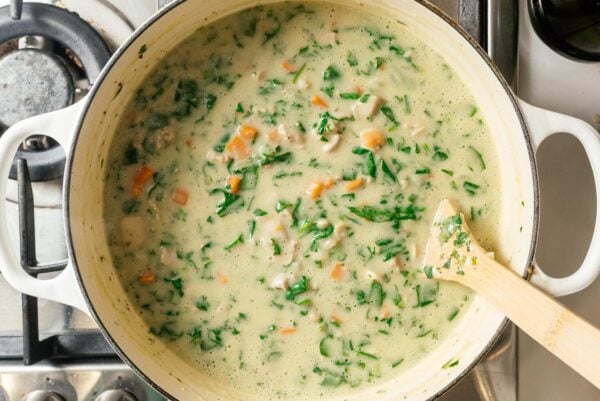 Adding spinach to creamy chicken pasta sauce | www.iamafoodblog.com